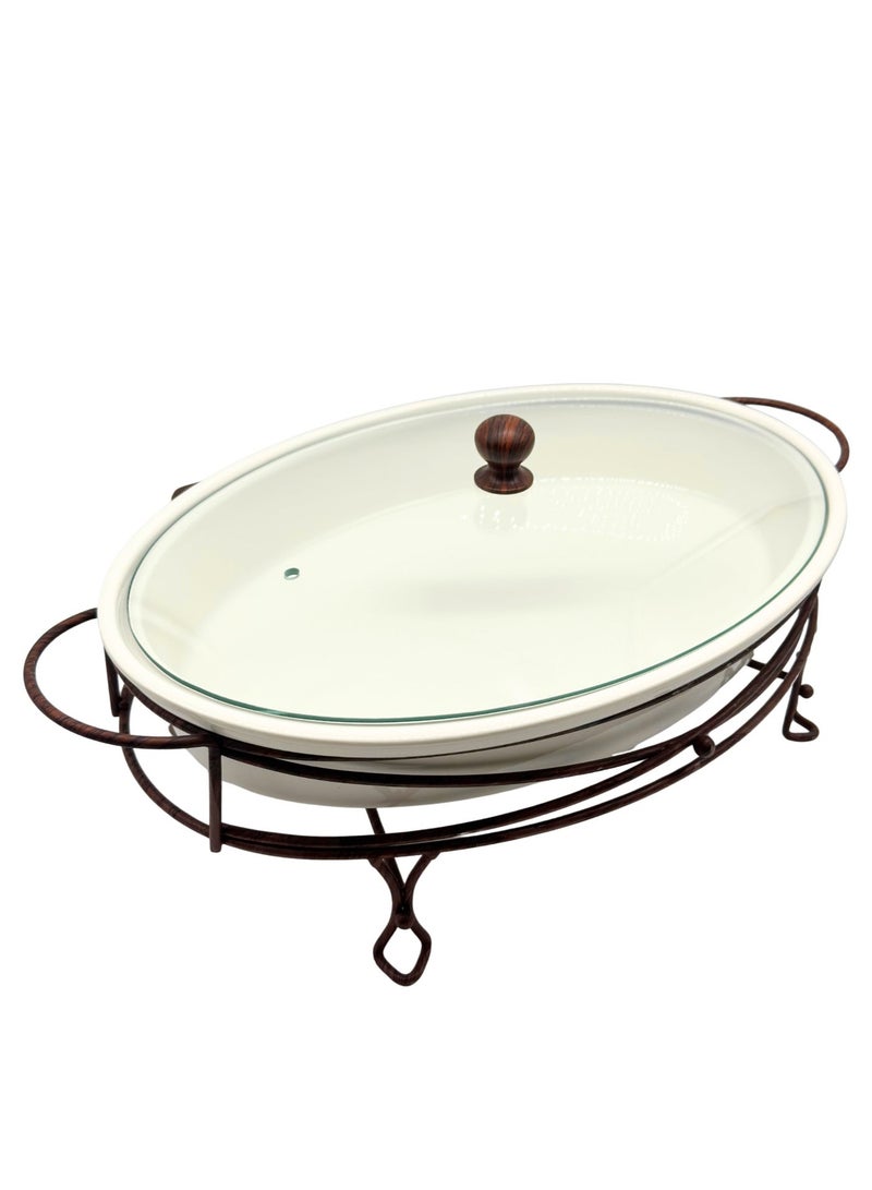 AL-GANNAS 2.7L Oval Ceramic Buffet Food Warmer on Metal Stand | With 2 Tealight Candle Holders, Chafing Dish for Keeping Food Warm - Image 3